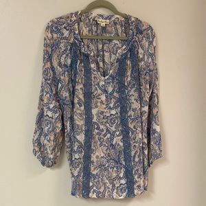 Indigo Rose Paisley Print Blouse with Blue Lace Trim and Scrunched Sleeves